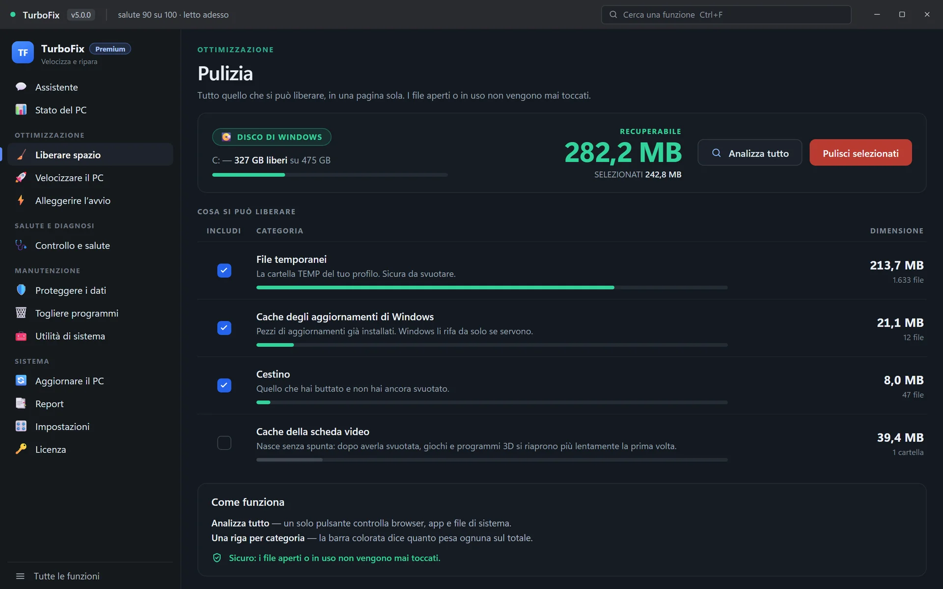 La schermata Pulizia di TurboFix 5: 282,2 MB recuperabili in tutto, 242,8 MB selezionati, con l'elenco delle categorie e quanto pesa ognuna.